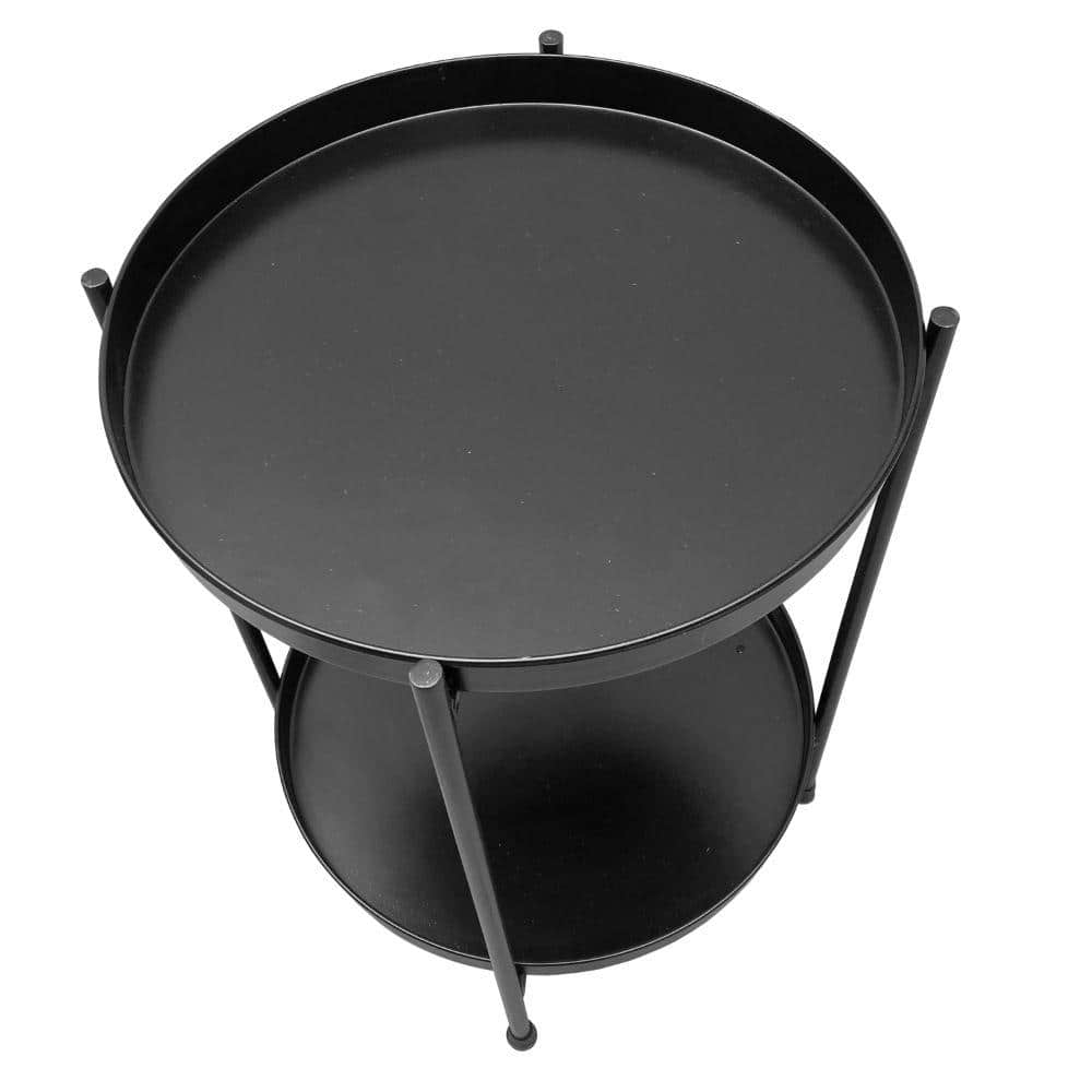 15" Black Metal Round Tray Top Side Table with Foldable Legs