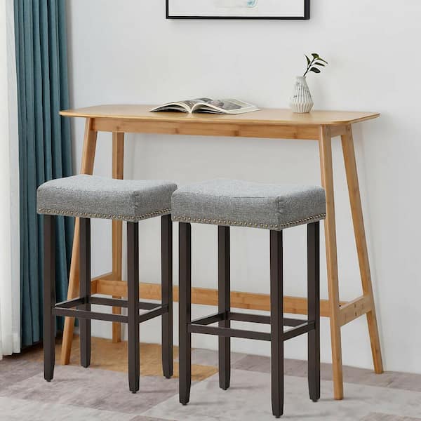 Gray Backless 29 in. Wood Nailhead Saddle Bar Stool with Fabric Seat (Set of 2)