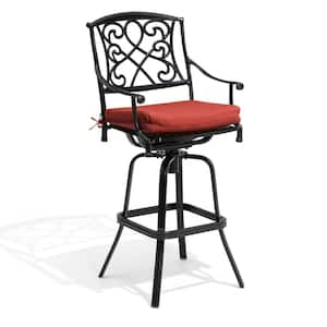 Bar Height Arm Chair Swivel Cast Aluminum Outdoor Bar Stool with Sunbrella Red Cushion