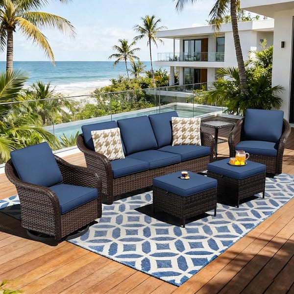 6-Piece Dark Brown Wicker Patio Conversation Set Outdoor Sofa Set with Swivel Rocking Chairs and Blue Cushions