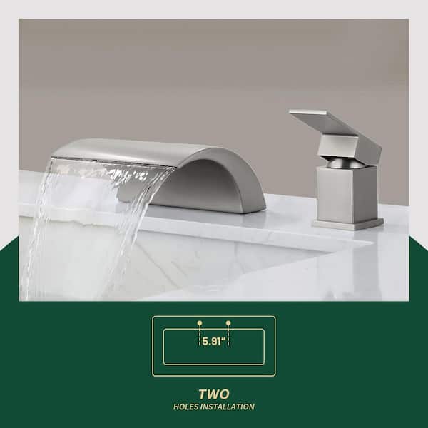 Arc Waterfall Single Handle Double Hole Bathroom Faucet in Brushed Nickel