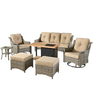 Denver 7-Piece Wicker Outdoor Patio Conversation Sofa Set with Swivel Chairs, a Storage Fire Pit and Beige Cushions