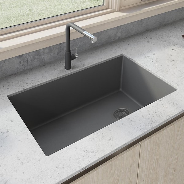 epiGranite 32 in. Undermount SIngle Bowl Urban Kitchen Sink in Urban Gray Granite Composite with Offset Drain