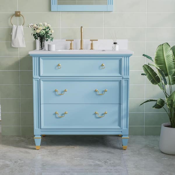 ANGELES HOME 36 in. Blue Solid Wood Bath Vanity with Carrara White Quartz Top, Single Sink, Soft-Close Drawers, Assembled