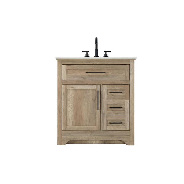 32 in. Single Sink Freestanding Natural Oak Bath Vanity with Marble White Engineered Marble Top