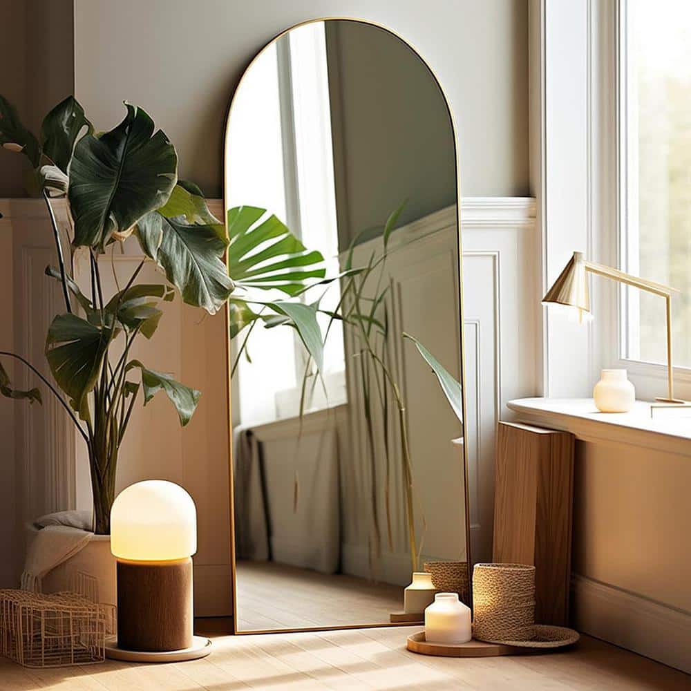 20 in. W x 63 in. H inch Metal Arch Stand Full Length Mirror in Gold
