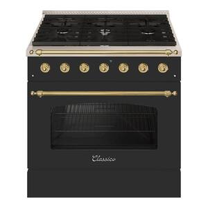 CLASSICO 36” 5.2CuFt. 6 Burner Freestanding All Gas Range with Gas Stove and Gas Oven, Matte Graphite with Brass Trim