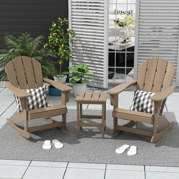 Laguna 3-Piece Fade Resistant Outdoor Patio HDPE Poly Plastic Adirondack Rocking Chair, Side Table Set, Weathered Wood