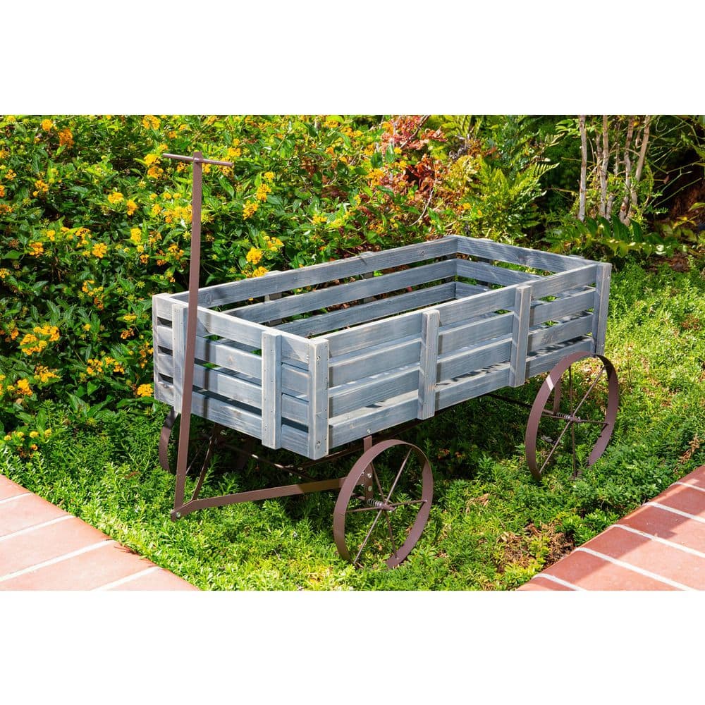Gray Cedar Wood Decorative Wagon Planter for Indoor/Outdoor Use