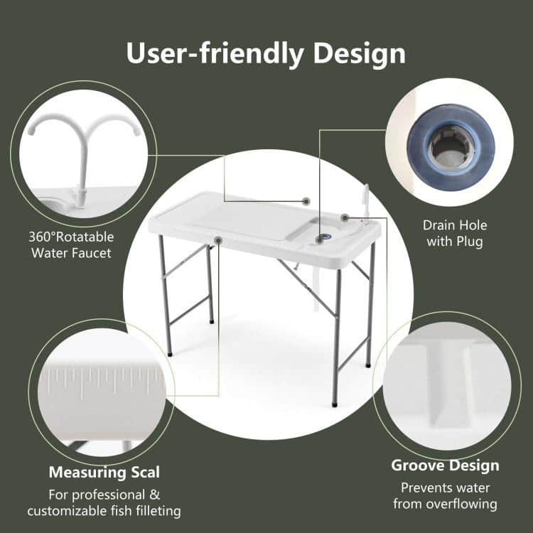 White Folding Fish Cleaning Table with Sink and Faucet