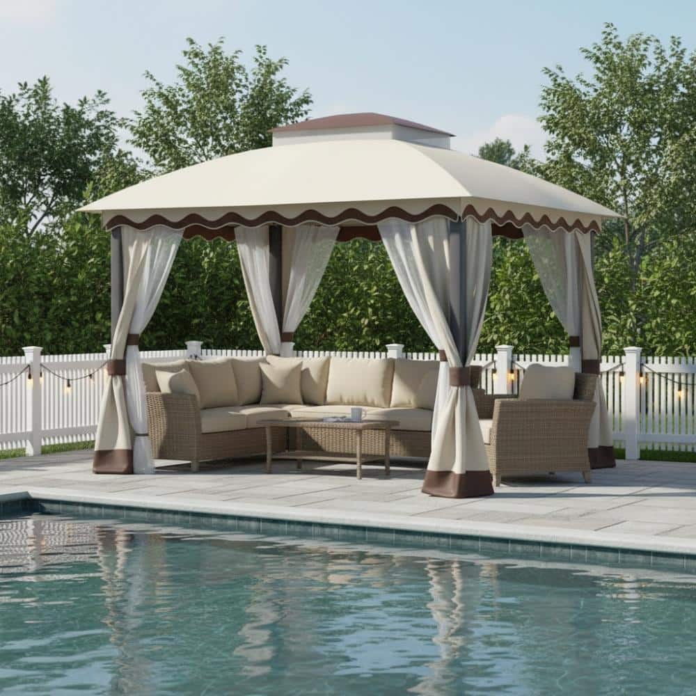 10 ft. x 10 ft. Khaki Outdoor Metal Double Roof Gazebo with Mosquito Netting for Patio, Backyard price history on PriceWatchPro