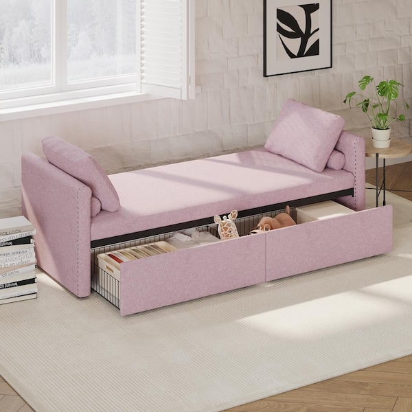 Pink Linen Upholstered Chaise Lounge with 2 Pillows and 2 Drawers