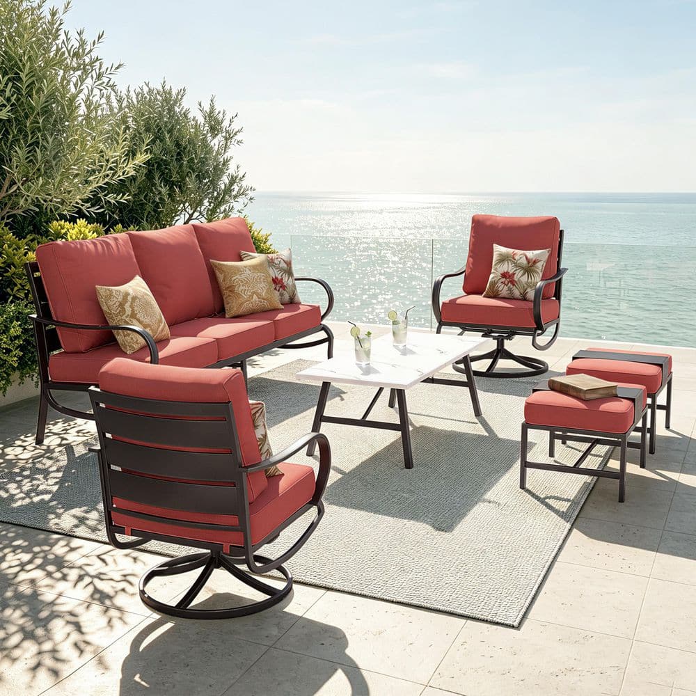 Metal Slatted 7-Seat 6-Piece Outdoor Patio Conversation Set with Red Cushions and Table with Marble Pattern Top