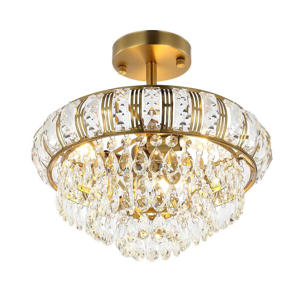 Gold Beaded Crystal 3-Light Semi Flush Mount Chandelier