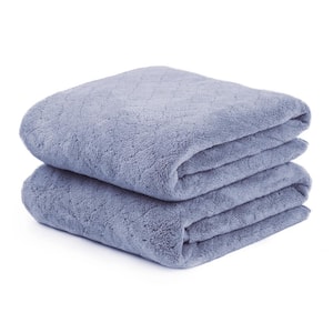 Blue Polyester Velvet Grid Bath Towel (Set of 2)