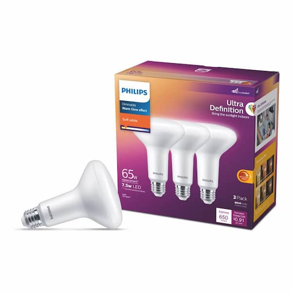 Philips 65-Watt Equivalent BR30 Ultra Definition Dimmable E26 LED Light Bulb Soft White with Warm Glow 2700K (3-Pack)