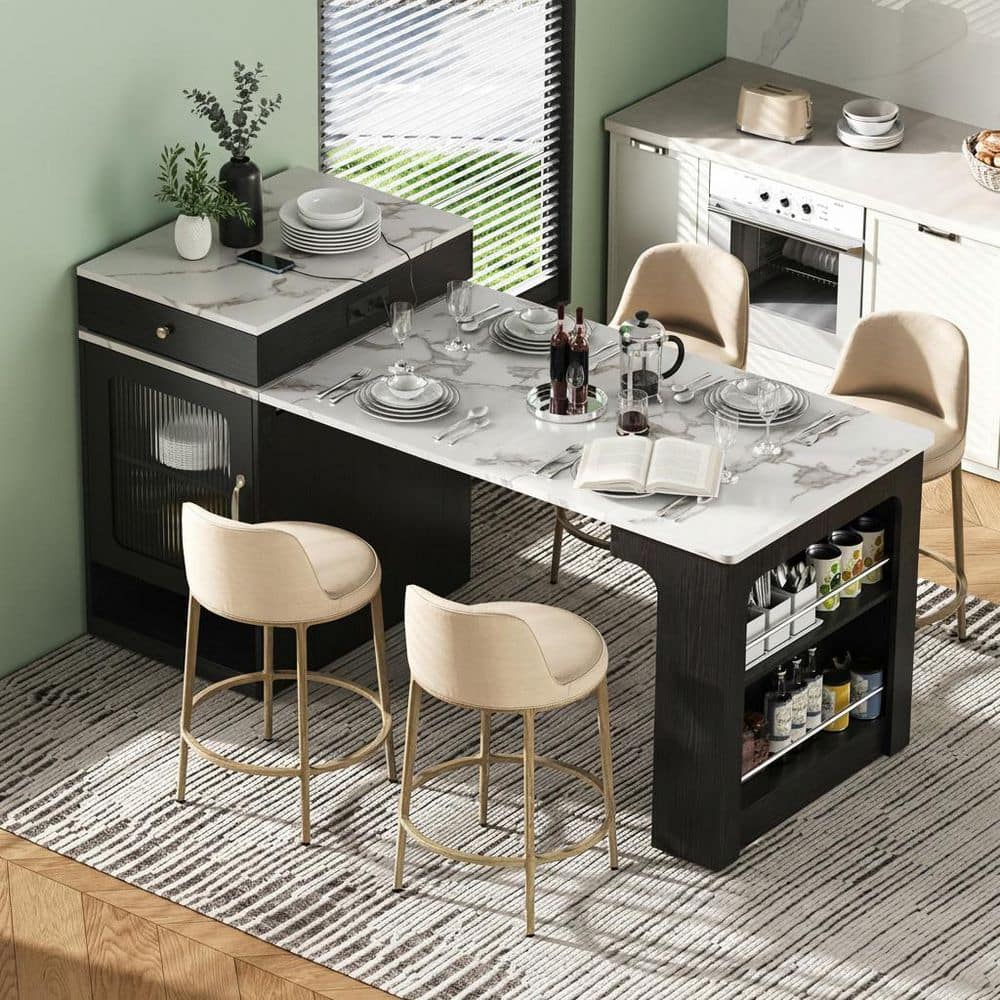 Farmhouse White Wood 53 in. Power Outlet Drop Leaf Rolling Kitchen Island with 3-Drawer and 4-Door