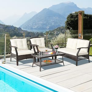 4-Pieces Wicker Patio Conversation Set Rattan Sofa Set with Protective Cover and Beige Cushions