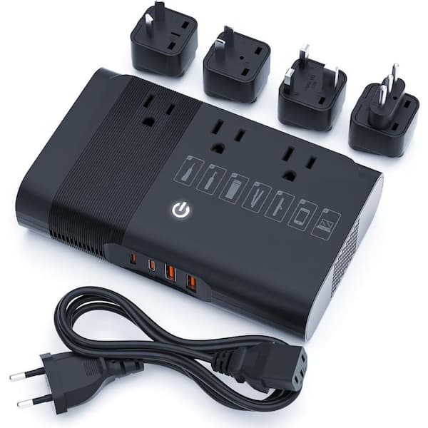 2.9 Amp 3-Outlet 100-220-Volt to 110-Volt Voltage Converter with USB-C and A Travel Adapter Universal Plug, Black