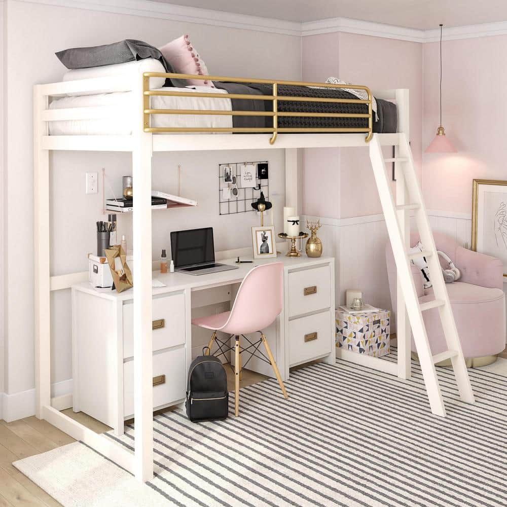 White and Gold Twin Metal Loft Bed with Headboard