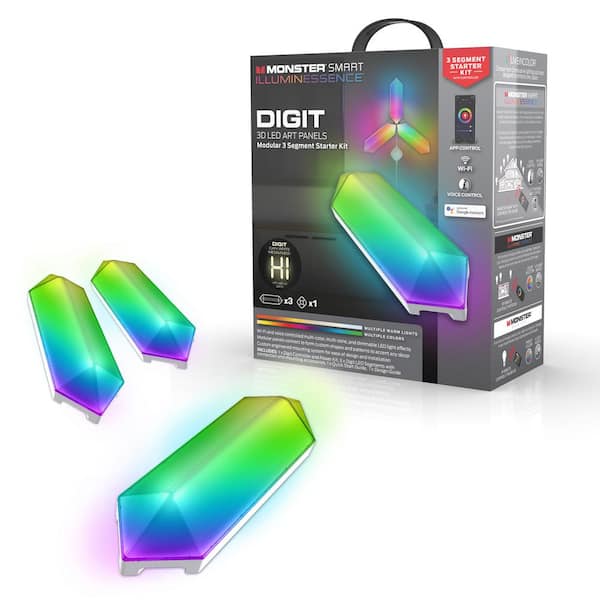 Monster 3-Light Starter Kit, 3D Digit Multi-Color LED White Art Panels,  Customizable Lighting, Mobile App Control MLB7-1035-RGB - The Home Depot