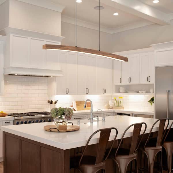 LLHZSY 39.4 in. 1-Light Wood Brown Dimmable Adjustable Integrated LED Linear Kitchen Island Pendant Light