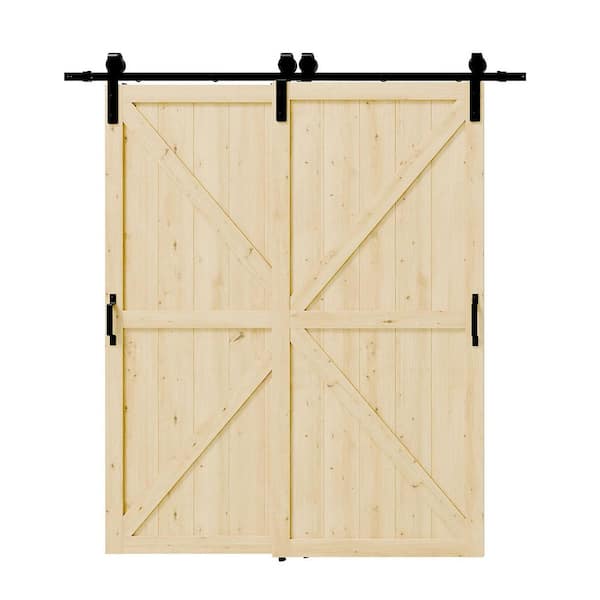 72 in. x 84 in. Light Brown Painted Water Proof and MDF Double K-Shaped Sliding Barn Door with Hardware Kit