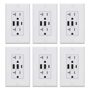 30-Watt 3-Port Type C & Dual Type A USB Duplex Outlet Smart Chip High Speed Charging Wall Plate Included, White (6-Pack)