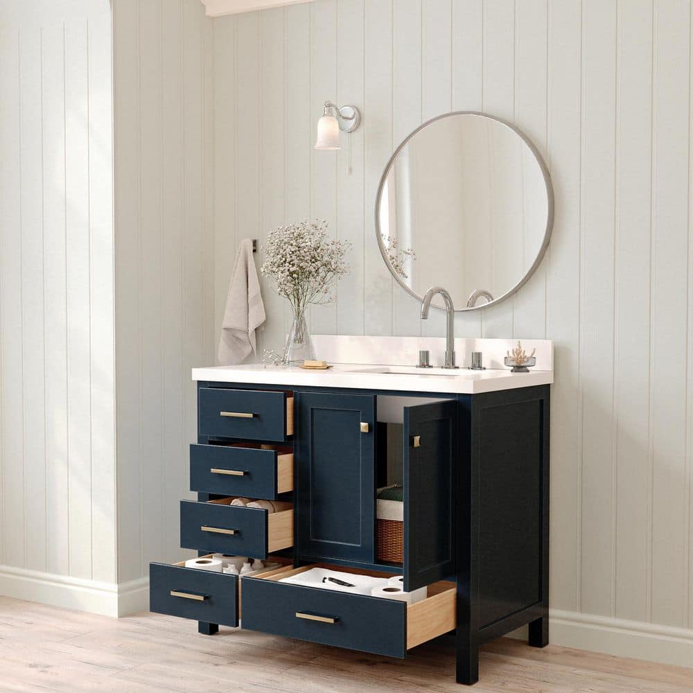 Midnight Blue 43" Freestanding Vanity with White Quartz Top