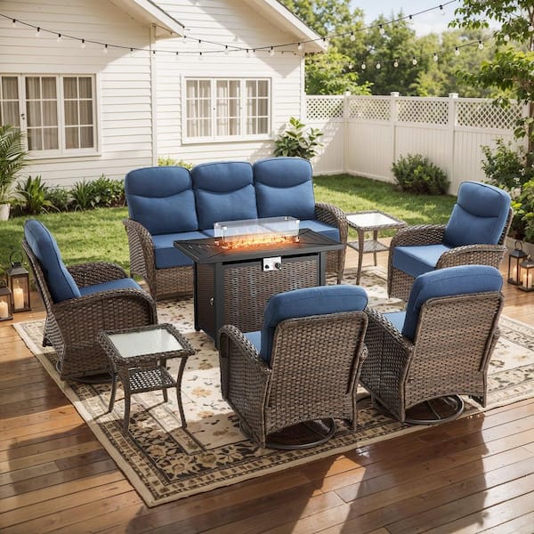 Moonridge 8-Piece Brown Wicker Fire Pit Conversation Set with 6 in. Olefin Blue Cushions / Metal Fire Pit Table