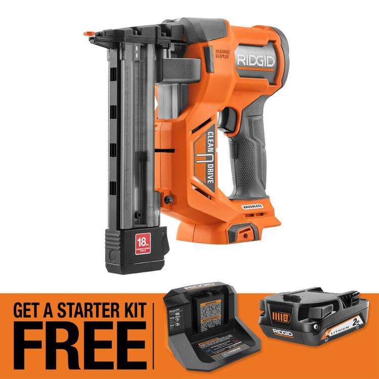 RIDGID 18V Brushless Cordless 18-Gauge 1-1/2 in. Narrow Crown Stapler with FREE 2.0 Ah Battery and Charger