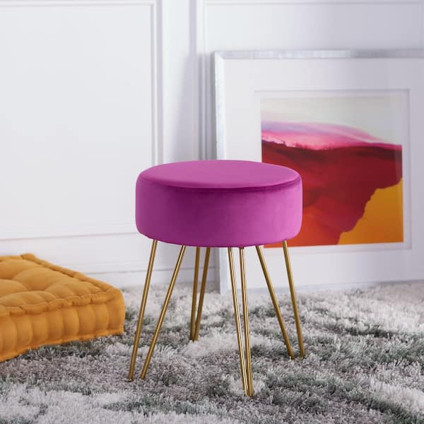 Abrea Boysenberry/Gold Velvet Round Accent Ottoman