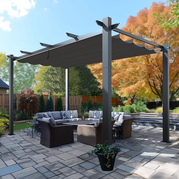 16 ft. W x 12 ft. D Aluminum Pergola Outdoor with Dark Gray Retractable Canopy