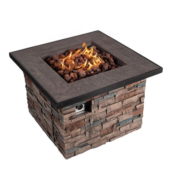 SUNRINX Brown Square Concrete Propane 23.6 in Height Outdoor Fire Pit Table with Volcanic Stone and Rain Cover