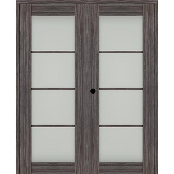 Belldinni Paola 64 in. x 80 in. Right Hand Active 4-Lite Frosted Glass Gray Oak Wood Composite Double Prehung French Door