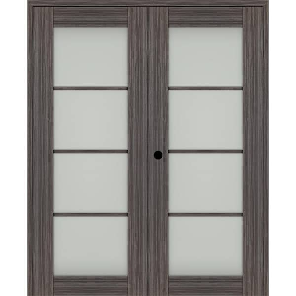 Belldinni Paola 60 in. x 84 in. Right Hand Active 4-Lite Frosted Glass Gray Oak Wood Composite Double Prehung French Door