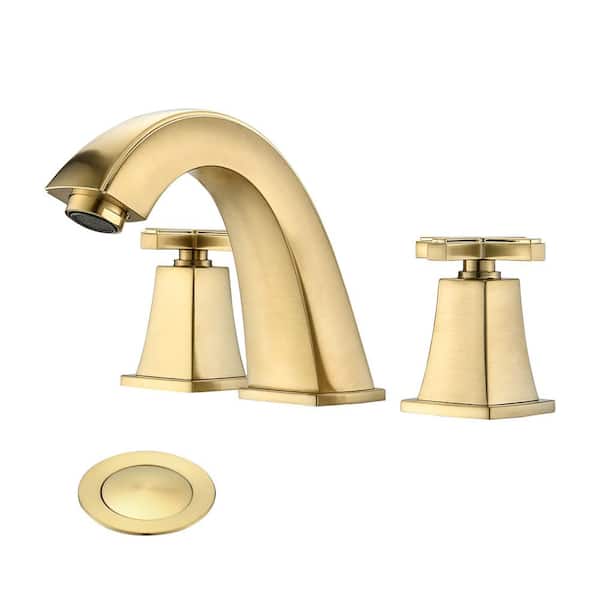 Staykiwi 8 in. Widespread Double Handle Low Arc Bathroom Faucet with Drain Kit Included in Brushed Gold