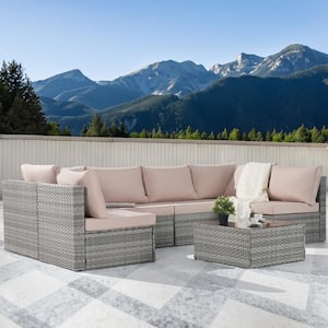 7-Piece Wicker Patio Conversation Sofa Set, Outdoor Sectional Seating with Tempered Glass, Sand Cushion