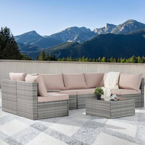 SANSTAR 7-Piece Wicker Patio Conversation Sofa Set, Outdoor Sectional Seating with Tempered Glass, Sand Cushion