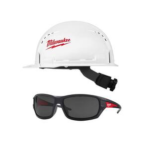 BOLT white type 1 class C front brim vented hard hat with Performance Safety Glasses with Tinted Lenses