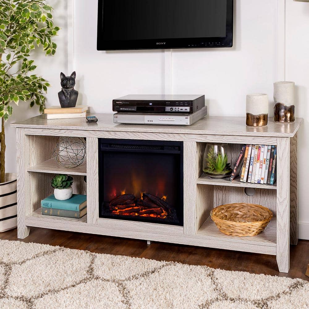 Whitewash 58" MDF Fireplace TV Stand with Shelves