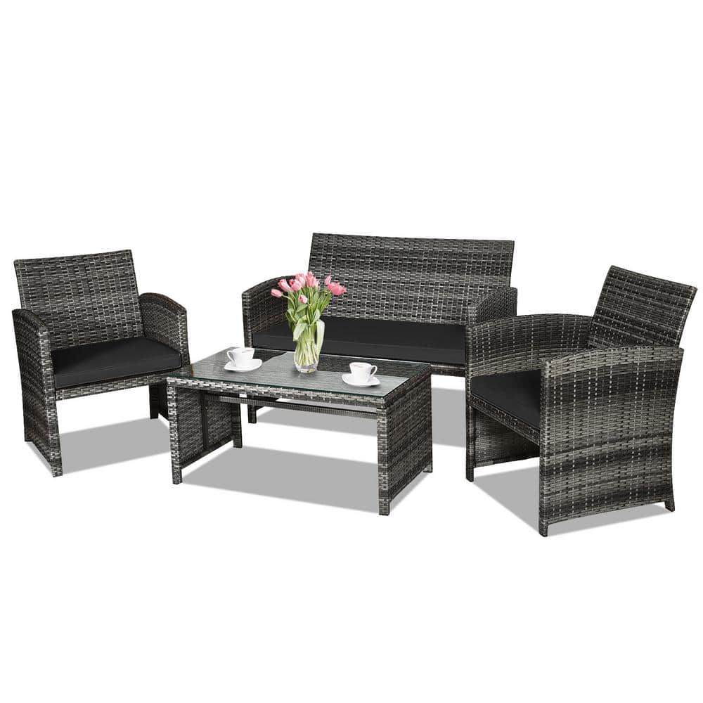Black 4-Piece Rattan Patio Furniture Set with Glass Table