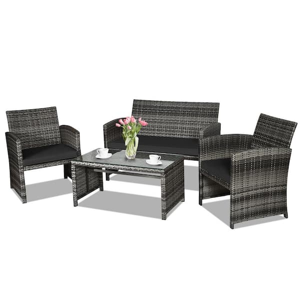 ANGELES HOME 4-Piece Rattan Wicker Patio Conversation Set with Glass Table and Black Cushions