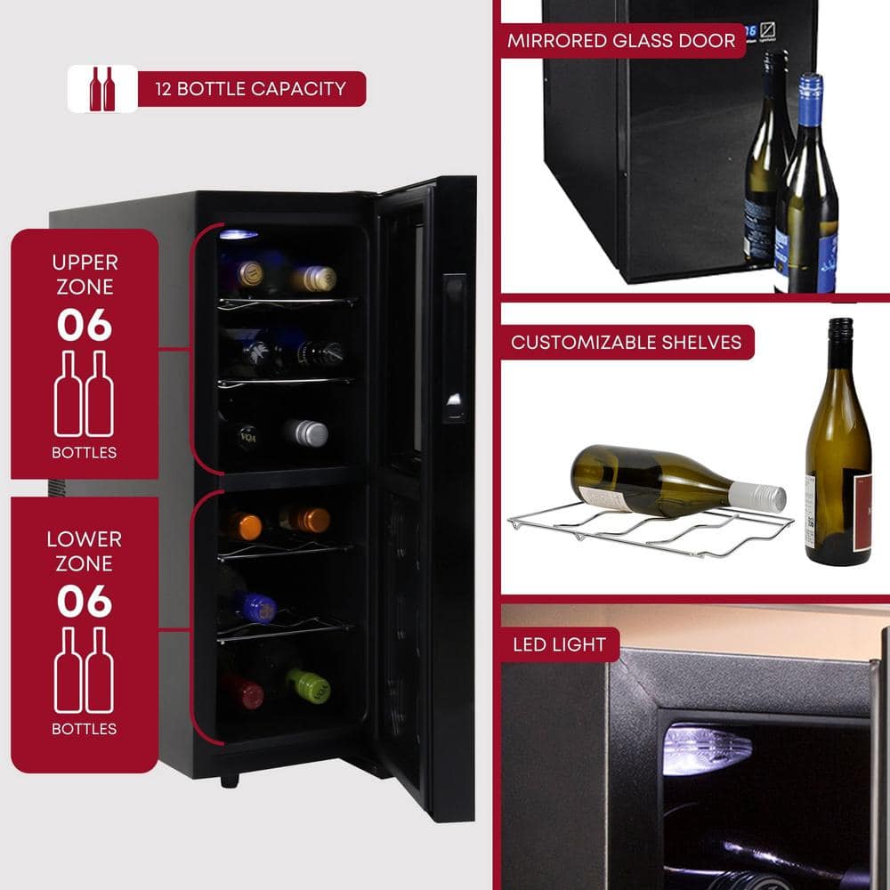 Black Thermoelectric Freestanding Dual Zone Wine Cooler with Interior Lighting