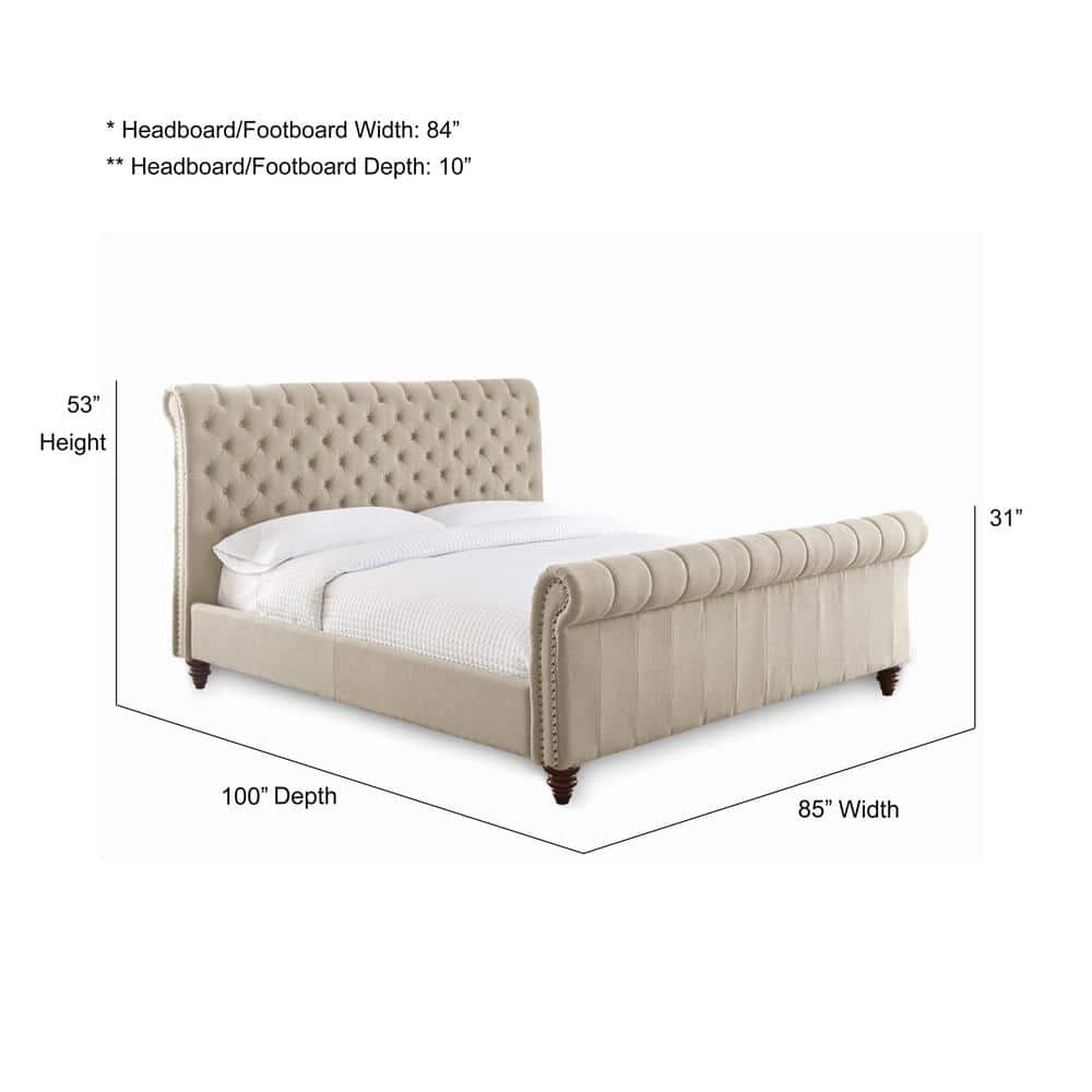 Transitional Beige Linen King Sleigh Bed with Nailhead Trim