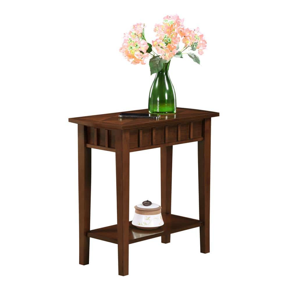 Espresso Diamond-Shape Top End Table with Dual-Tier Shelving