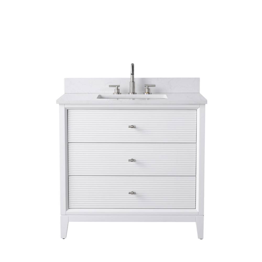 36 in. W Single Sink Freestanding White Bath Vanity Cabinet with Ariston White Engineered Marble Top