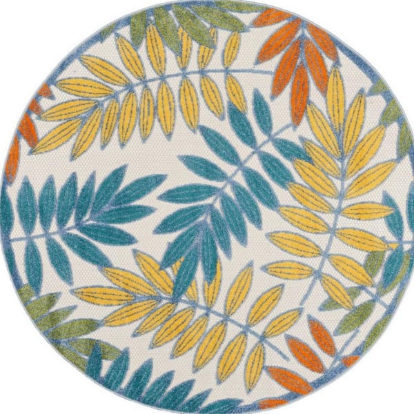 Ivory, Blue 4 ft. Round ft. Woven Polypropylene Indoor/Outdoor Area Rug