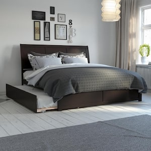 Portland Espresso Black Solid Wood Frame King Platform Bed with Footboard and Twin XL Trundle