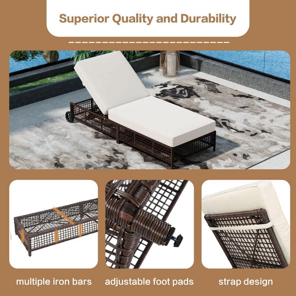 Collage of images showing the chaise lounge features: frame, foot pads, and strap design.